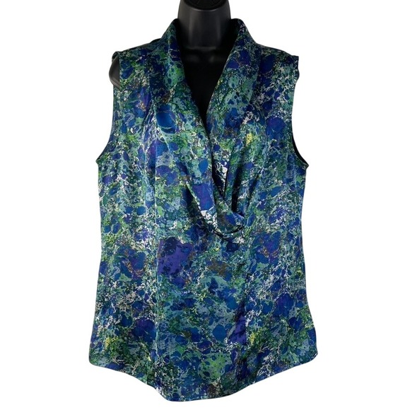 Coldwater Creek Tops - Coldwater Creek Women's XL 16 Blue Green Abstract Marble Cowl Neck Blouse Top